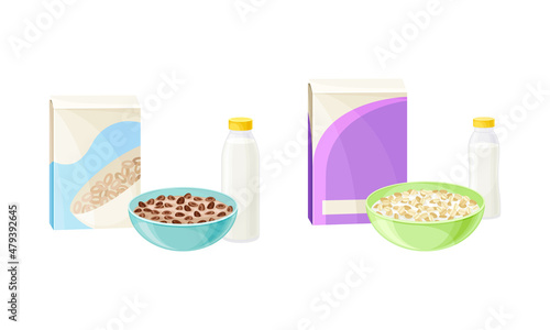 Breakfast Crunchy Cereal Poured in Bowl with Milk or Yogurt in Bottle Vector Set
