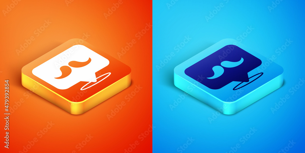 Isometric Mustache icon isolated on orange and blue background. Barbershop symbol. Facial hair style. Vector Isometric Mustache icon isolated on orange and blue background. Barbershop symbol. Facial hair style. Vector