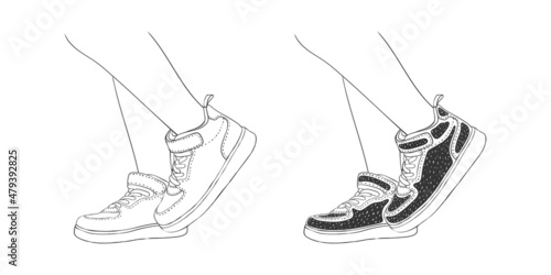 Legs in sneakers. Fashion footwear. Hand-drawn style shoes. Vector image