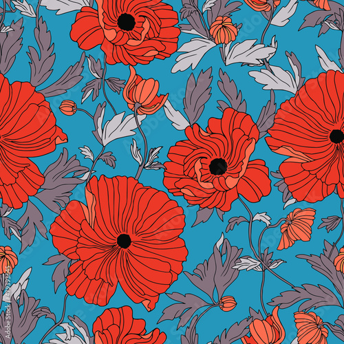 vector seamless pattern flowers of poppies with leaves. Botanical illustration for wallpaper  textile  fabric  clothing  paper  postcards