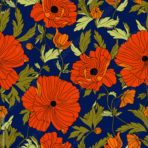 vector seamless pattern flowers of poppies with leaves. Botanical illustration for wallpaper, textile, fabric, clothing, paper, postcards