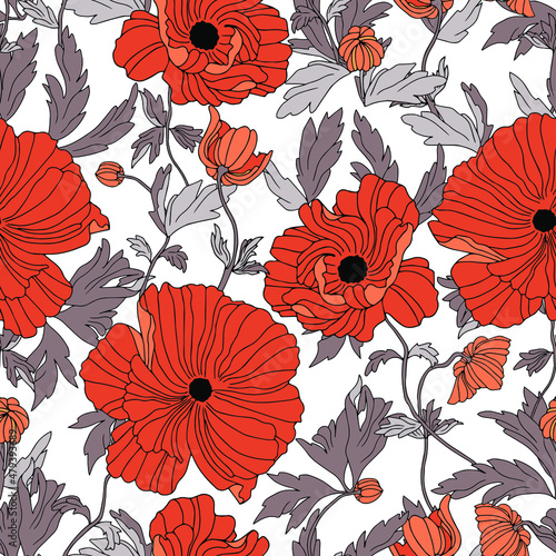 vector seamless pattern flowers of poppies with leaves. Botanical illustration for wallpaper  textile  fabric  clothing  paper  postcards
