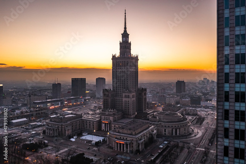 Warsaw city center during the January sunrise