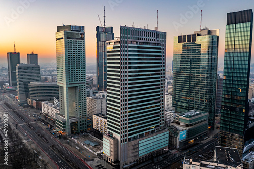 Warsaw city center during the January sunrise