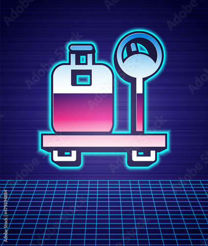 Retro style Scale with suitcase icon isolated futuristic landscape background. Logistic and delivery. Weight of delivery package on a scale. 80s fashion party. Vector