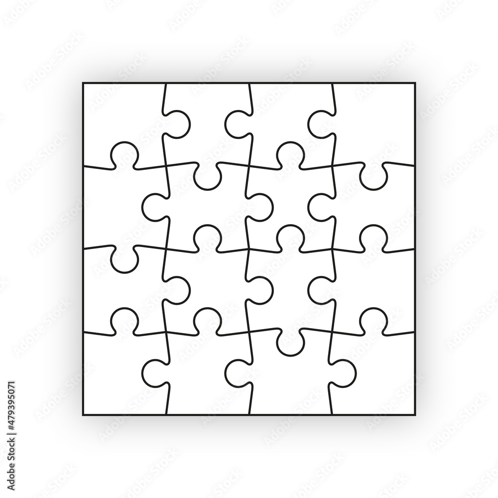 Puzzle pieces set. Jigsaw outline grid. Scheme of thinking game. Modern background with separate shapes. Simple frame tiles. Cutting template. Mosaic silhouette with 16 details. Vector illustration. Puzzle pieces set. Jigsaw outline grid. Scheme of thinking game. Modern background with separate shapes. Simple frame tiles. Cutting template. Mosaic silhouette with 16 details. Vector illustration.