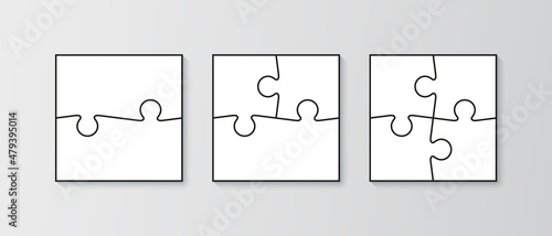 Puzzle pieces set. Jigsaw outline grid. Scheme of thinking game. Modern background with mosaic shapes. Simple frame tiles. Cutting template with details. Vector illustration.
