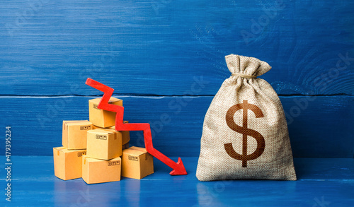 фотографія Dollar money bag with boxes and down arrow