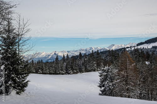 Fantastic panoramic view of snow mountain range stick out of inversion fog layer. Great panorama with sunny blue sky below the clouds. special weather effect