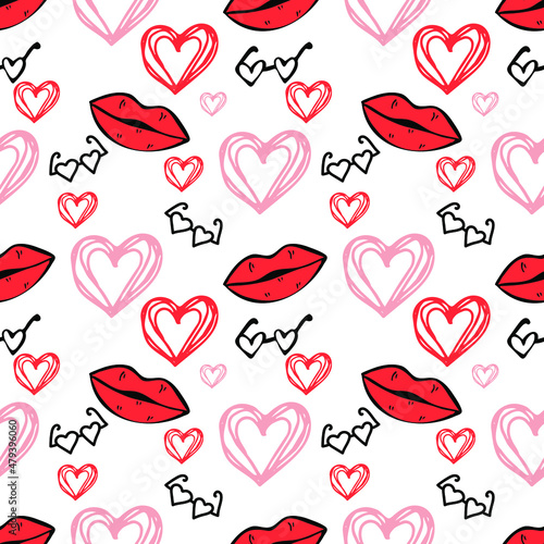 Seamless pattern for Valentine s Day. Simple design with hand-drawn lips  glasses and hearts. Vector illustration.