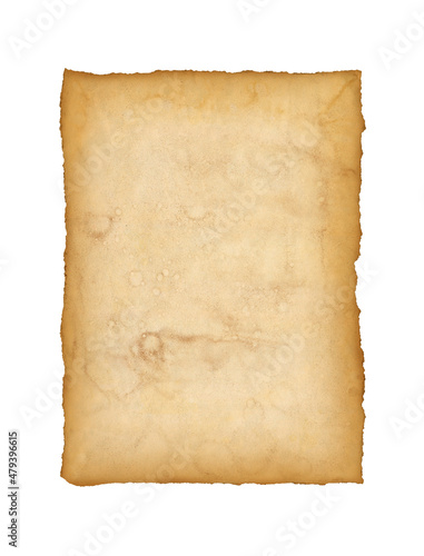 Old grunge paper sheet. Parchment isolated on white