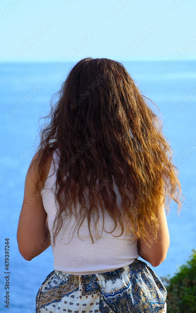 The back of a girl with long brown hair looking towards the sea horizon in front of her The back of a girl with long brown hair looking towards the sea horizon in front of her