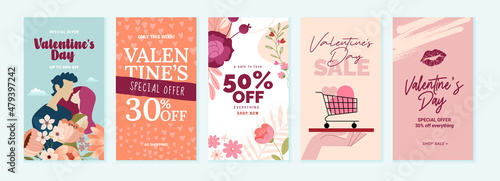Set of Valentines day social media banners. Vector illustrations for social media banners, website banners, online shopping, sale ads, greeting cards, marketing material.