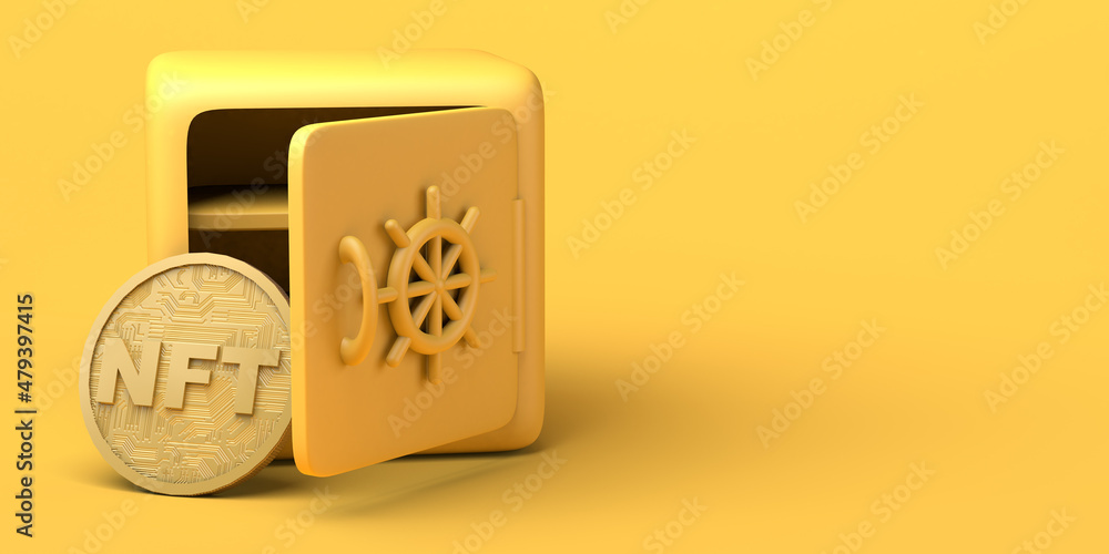 NFT non fungible token next to safety box. Cryptographic art security. Copy space. 3D illustration. NFT non fungible token next to safety box. Cryptographic art security. Copy space. 3D illustration.