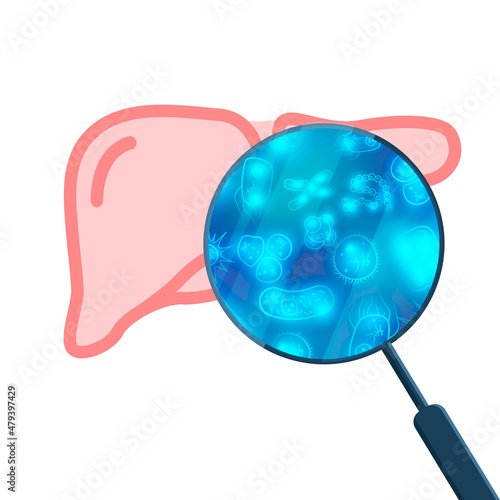 A lot of bacterias and viruses in human liver under magnifying glass on white
