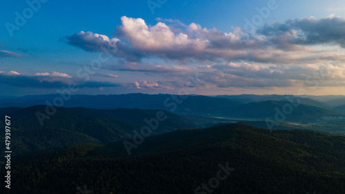 Mountains forest at sunset top view