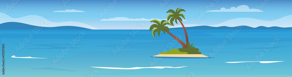 Tropical island in the ocean with palms. Sea surface, mountains on the horizon, waves. Summer vacation holiday. Flat Vector Illustration.