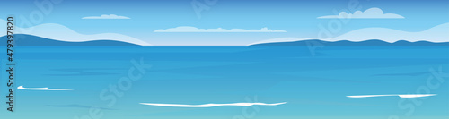 Blue sea and sky background. Sea surface, mountains on the horizon, waves. Vector illustration.