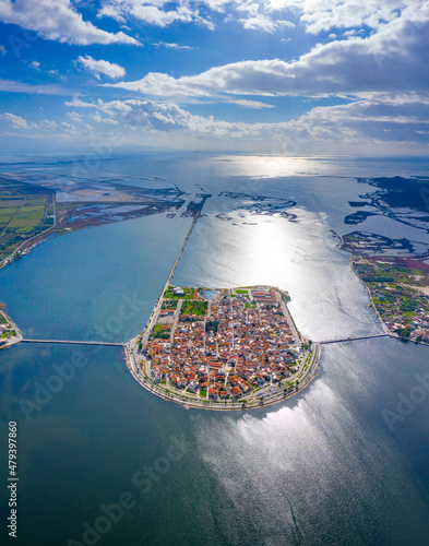Fototapeta Naklejka Na Ścianę i Meble -  Aerial drone view of the famous island - fishing village of Aitoliko in Aetolia - Akarnania, Greece situated in the middle of Messolongi archipelago known as the Little Venice of Greece
