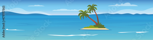 Fototapeta Naklejka Na Ścianę i Meble -  Tropical island in the ocean with palms. Sea surface, mountains on the horizon, waves. Summer vacation holiday. Flat Vector Illustration.