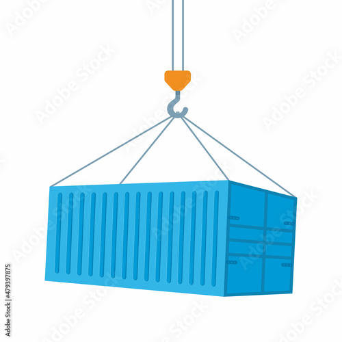 Crane lifts with blue cargo container. Industrial crane hook and Transportation Container isolated on white background. Freight Shipping concept. Vector illustration.