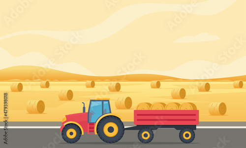 Farm scene with field and haystacks at sunset. Tractor with hay bales in cart. Rural landscape. Agriculture and farming concept. Farm Machine. Vector Illustration.