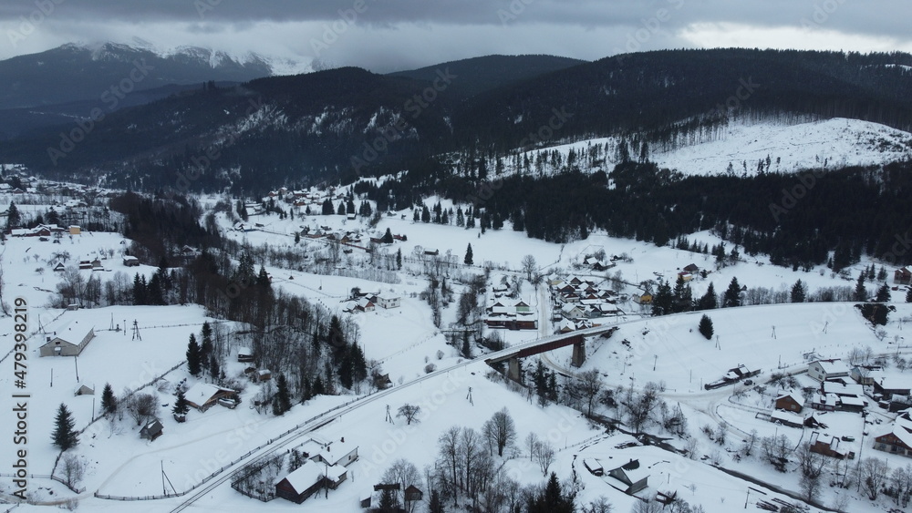 Winter Carpathian village Lazeschyna. View from above