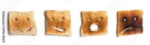 Collage of expressive toasted slices of bread on white background