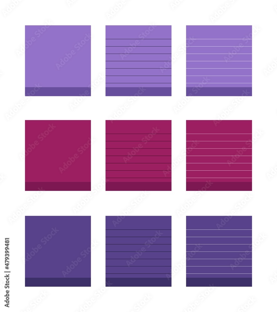 Purple square paper reminders 3d set. Vector illustration.