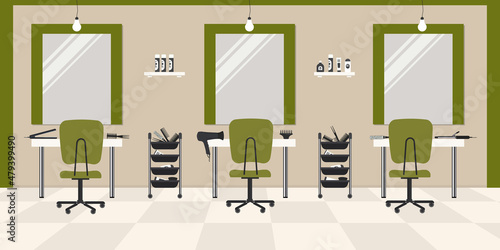 Hair salon in a green color. Beauty salon. Interior. There are tables, chairs, mirrors, hair dryer in the image. Vector flat illustration