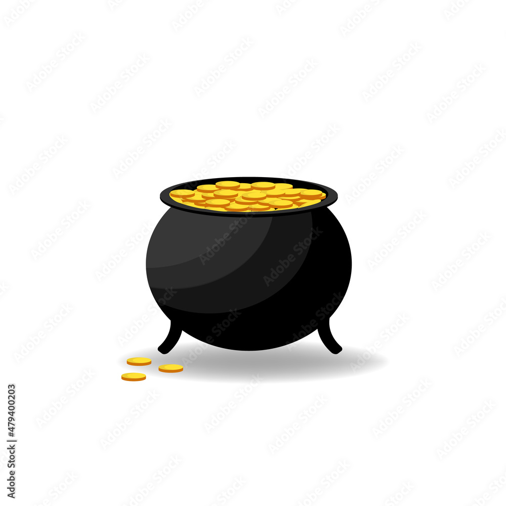 Cauldron with gold coins isolated on white background, vector