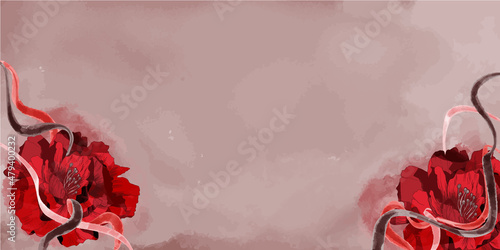 Fondo banner de motivos florales de acuarela en tonos morados, rojos, rosa y morados, con espacio para texto e imágenes