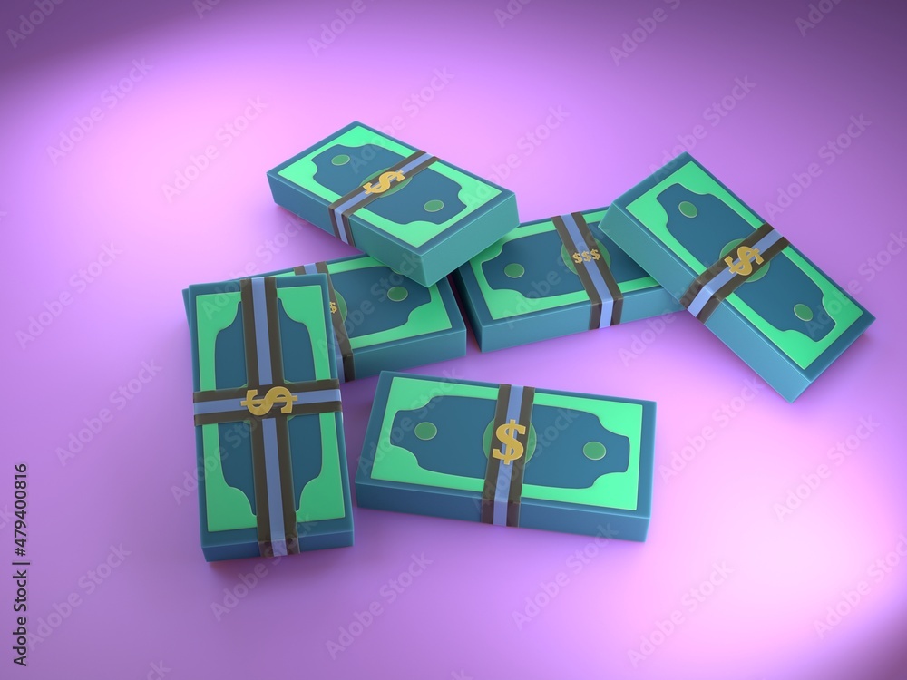 Money in a 3D bank wrapper. Heap of dollars. Cash on a purple background. Money in a 3D bank wrapper. Heap of dollars. Cash on a purple background.