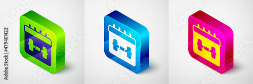 Isometric Calendar fitness icon isolated on grey background. Training schedule. Square button. Vector