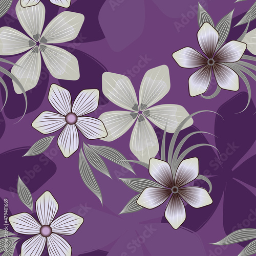 Vector seamless floral pattern in gray pastel colors and decorative shaded flowers with leaves on a violet background for shawl  scarf  hijab