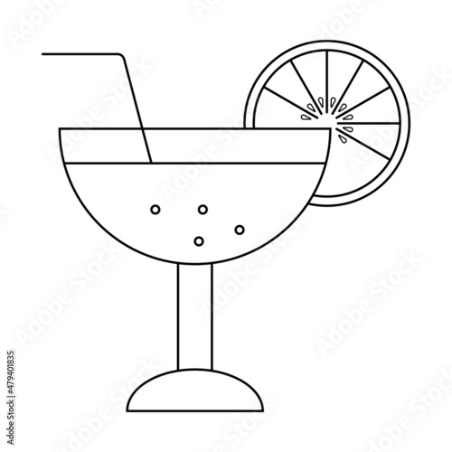 Cocktail Drink bubbles Glass Orange tubule Vector. Black and white. White background. Line drawing.