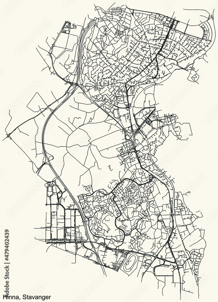 Naklejka premium Detailed navigation black lines urban street roads map of the quarter HINNA BOROUGH of the Norwegian regional capital city of Stavanger, Norway on vintage beige background
