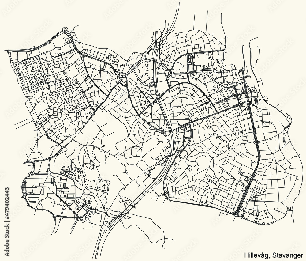 Fototapeta premium Detailed navigation black lines urban street roads map of the quarter HILLEVÅG BOROUGH of the Norwegian regional capital city of Stavanger, Norway on vintage beige background