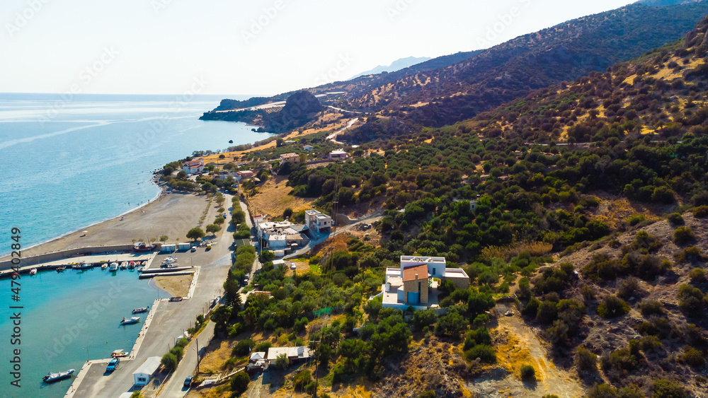 Aerial Nature Greek Landscape with Sea or Ocean Bay and Empty Sand Beach. Beautiful Vacation and Tourism Destination in Crete, Greece.