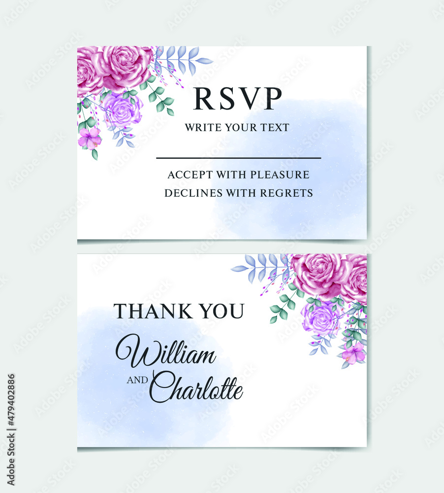 watercolor pink roses wedding invitation card set template