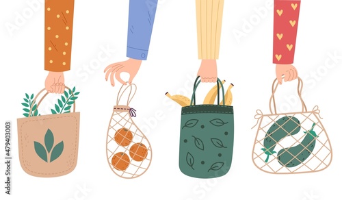Hands hold eco bags. Different human arms hold empty string, fabric and paper bags with fruit and vegetables, multiple use products, cotton organic reusable packing, vector isolated set