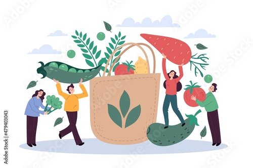 Eco bag and tiny people. Happy men and women collect large vegetables in paper bag, sustainable food packaging, organic shop, reusable packing, zero waste or vegan concept vector illustration