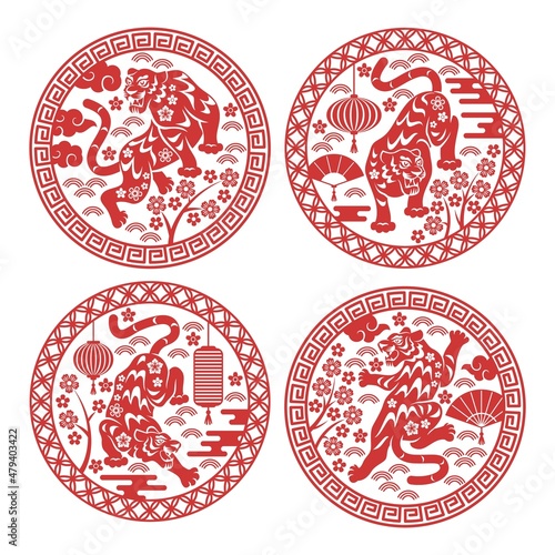 Round chinese zodiac tigers. Astrological holiday signs, decorative silhouette animals in circle form, traditional elements, red characters, stickers and festive labels, vector isolated set