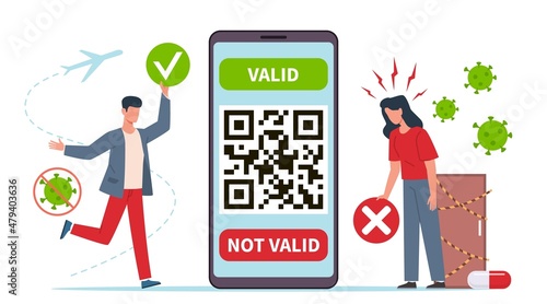 Valid quick response code. Vaccinated people and huge smartphone with qr on screen, valid and invalid green certificate, health passport, new features and limitations, vector concept
