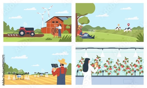 Smart farm people. Digital irrigation with quadcopters, agriculture innovation, farmers use gadgets, mobile management, modern technology, man and woman in countryside vector isolated set