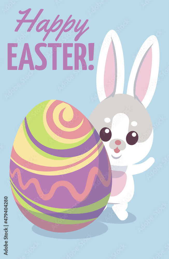 Happy Easter poster. Cute little rabbit with egg Happy Easter poster. Cute little rabbit with egg
