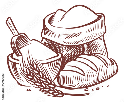 Flour sack with bread and grain. Bakery process concept