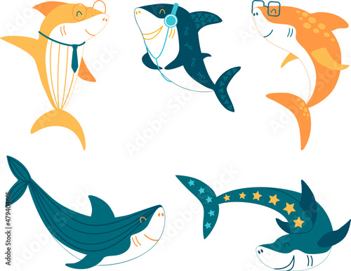 Vector set of cute yellow and blue baby sharks with glasses, airphones, tie, stars and stripes for kids design photo