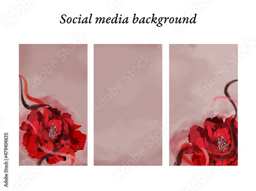 Plantillas de diseño para historias en redes sociales con motivos florales de acuarela en tonos morados, rojos, rosa y morados, con espacio para texto e imágenes