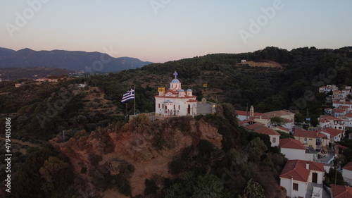 Church In the Mountain at Samos Island, Karlovasi during summer sunset.